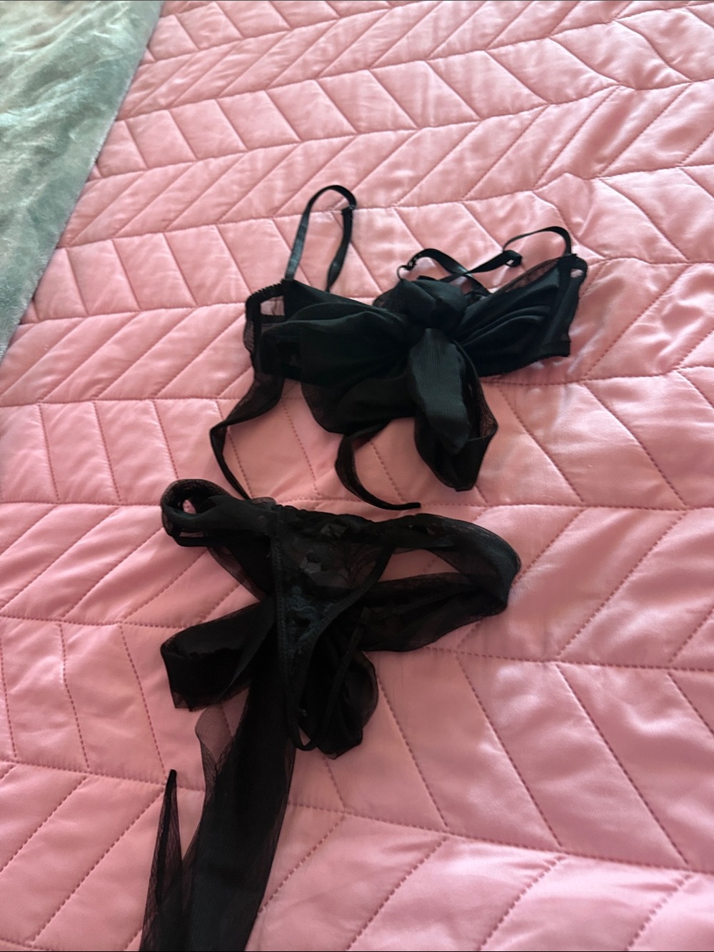 Sheer Black Lace Bow Bralette & Thong Set - Women Intimates